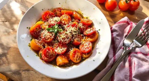 Tomates à la provençale à la poêle, garnies de parmesan râpé et de basilic frais, sur une assiette blanche.