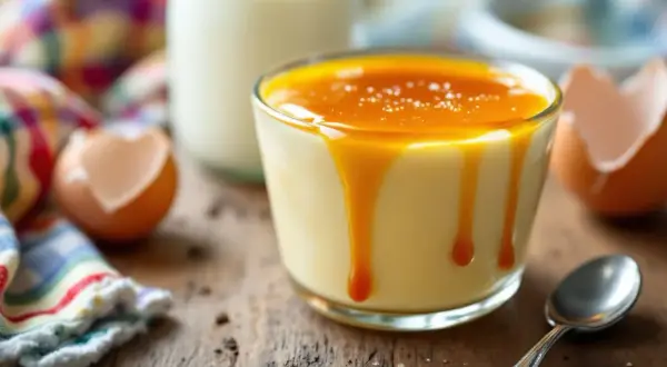 Un déliceux dessert aux oeufs au lait, nappé de caramel coulant, avec une coquille d'œuf vide et une cuillère à proximité.