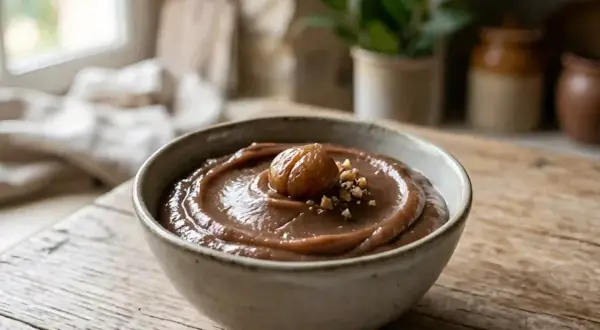 Crème de marron à l'ancienne on a rustic table, topped with a whole chestnut and chopped nuts. A taste of tradition.