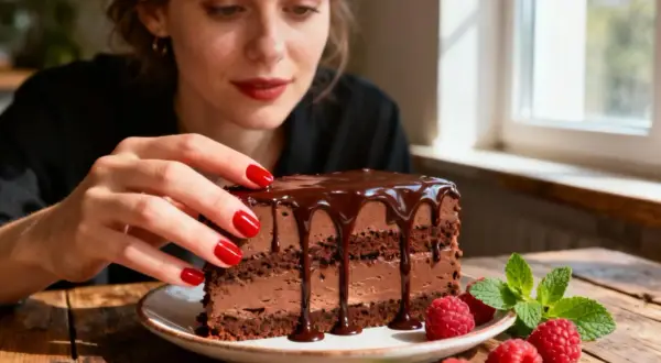 Une femme aux ongles rouges touche un délicieux gâteau chocolat mascarpone, garni de glaçage au chocolat et de framboises fraîches.