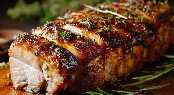Un délicieux roti de porc au four, laqué et parsemé d'herbes, prêt à être dégusté sur une planche en bois.