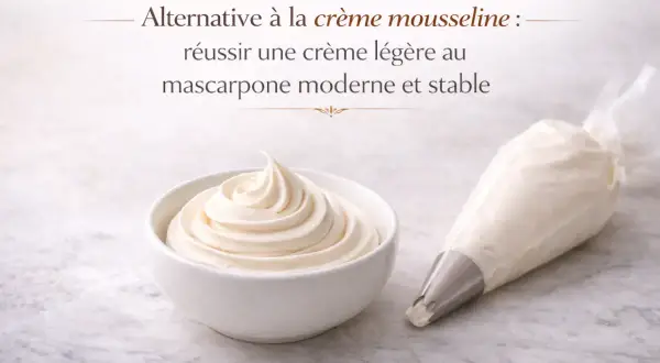 Crème légère au mascarpone, alternative à la crème mousseline sans beurre. Une texture aérienne prête à être utilisée.