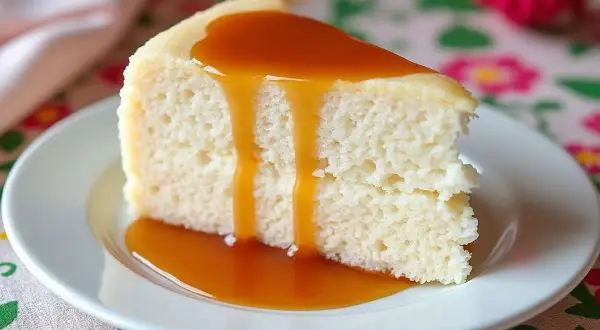 Une part de gâteau de riz aérien, nappée d'une sauce caramel dorée, sur une assiette blanche.