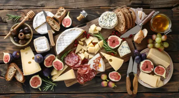 Une planche charcuterie fromage généreuse avec divers fromages, saucissons, figues, olives, raisins et pain sur fond de bois.