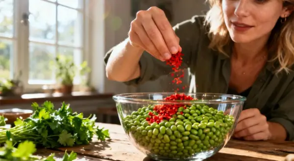 Une femme ajoute des piments rouges à un bol de haricots mungo, préparant un plat savoureux. Le haricot mungo cuisson est simple et rapide.