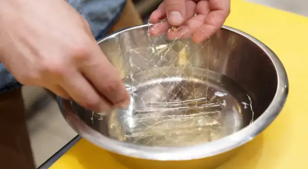 Mains trempant une masse gélatine en feuille dans un bol d'eau. La feuille de gélatine est transparente et a une texture réticulée.