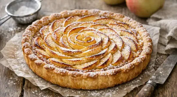 Une magnifique tarte normande aux pommes, saupoudrée de sucre glace, prête à être dégustée.