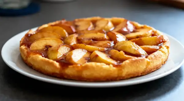 Tarte Tatin aux pommes, dorée et caramélisée, prête à être dégustée après sa cuisson parfaite.