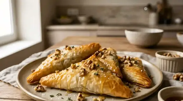 Triangles dorés de pâte filo, nappés de miel et parsemés de noix et d'herbes, prêts à être dégustés.