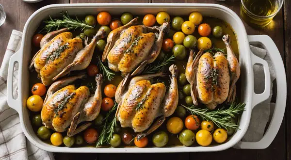 Cinq coquelets au four dorés, parsemés d'herbes, entourés de tomates cerises et d'olives vertes dans un plat blanc.