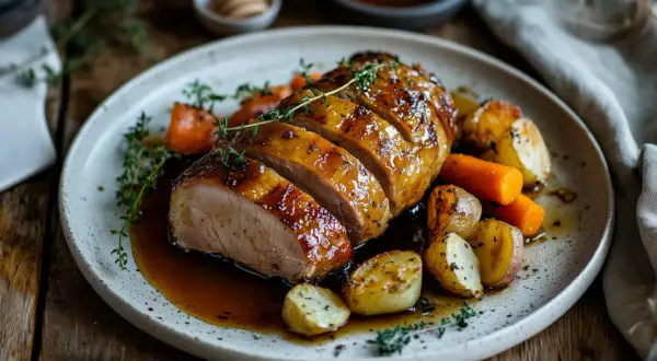 Un délicieux rôti de porc au miel au four, tranché et servi avec des carottes et des pommes de terre rôties, arrosé de sa sauce.