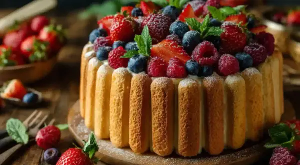 Charlotte aux fruits, un gâteau d'été orné de fraises, framboises et myrtilles, sur un lit de biscuits à la cuillère.