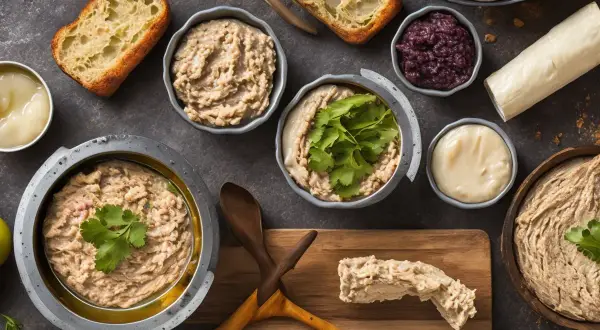 Plusieurs bols de pâté de thon rapide, du pain grillé, des olives et des garnitures.