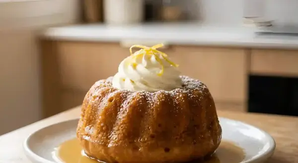 Baba au rhum gastronomique, un dessert moelleux et parfumé, nappé de sirop et surmonté de crème fouettée et de zestes de citron.