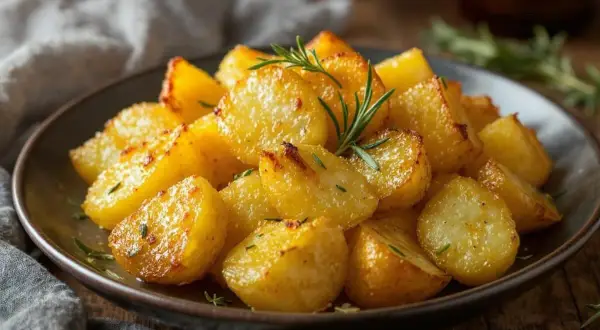 Assiette de pommes de terre au four dorées et croustillantes, garnies de romarin frais. Un délice simple et réconfortant.