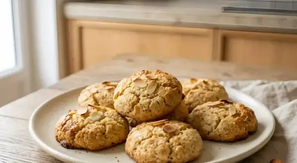 Une assiette de meilleurs biscuits aux amandes, dorés et garnis de lamelles d'amandes, sur une table en bois.