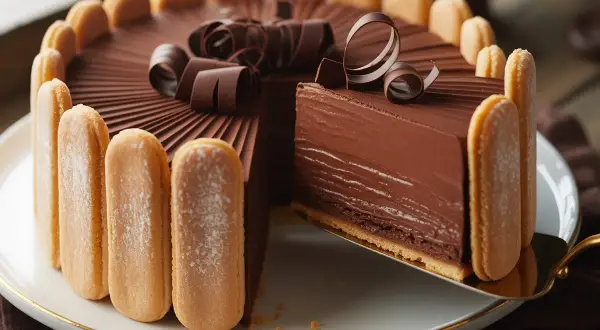 Une délicieuse charlotte au chocolat, ornée de biscuits à la cuillère et de copeaux de chocolat, est servie sur une assiette blanche.