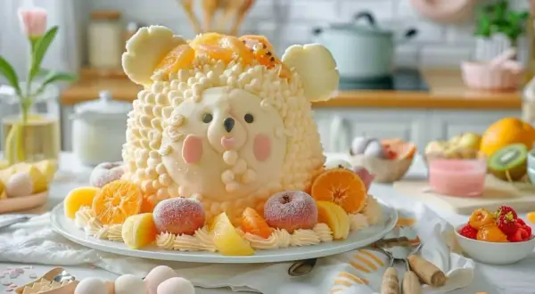 Gâteau mouton pour une recette gâteau bébé 1 an. Décoré de fruits frais, il est prêt pour une fête d'anniversaire.