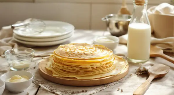 Pile de crêpes dorées, prêtes pour une recette pâte à crêpe salée. Lait, crème et ustensiles à proximité.