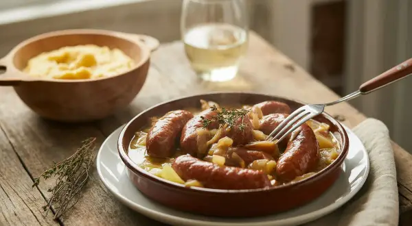 Un plat de diots savoyards mijotés avec des crozets, servi avec une purée de pommes de terre et un verre de vin blanc. Une recette réconfortante.