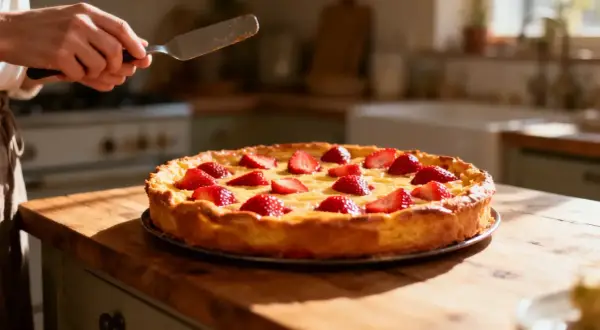 Un délicieux clafoutis aux fraises, prêt à être servi. Les fruits rouges brillent sur la pâte dorée.