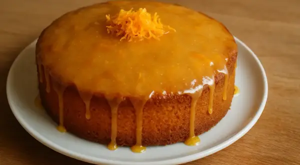 Un délicieux gâteau à l'orange, nappé d'un glaçage brillant et garni de zestes d'orange.
