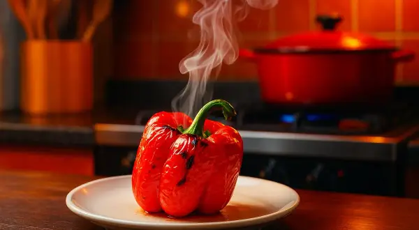 Un poivron rouge grillé, encore chaud et fumant, sur une assiette blanche. La cuisson au four a révélé sa saveur.
