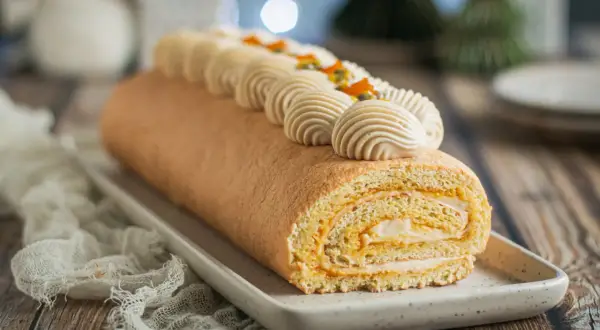 Bûche roulée décorée de crème et fruits exotiques, parfaite pour une recette buche mangue passion.