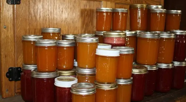 Des bocaux de confiture de coing, certains d'un rouge profond, d'autres d'un orange doré, empilés sur des étagères en bois.