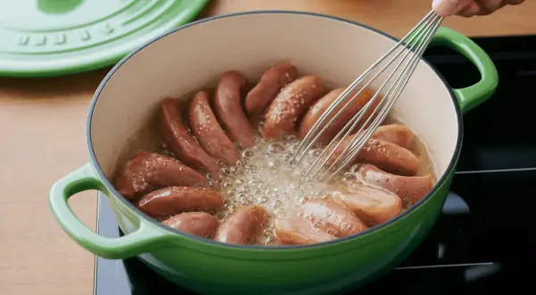 Saucisses de Strasbourg dorées et croustillantes dans une cocotte verte, une main remuant avec un fouet pour une cuisson parfaite.