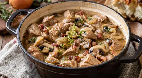 Un savoureux sauté de veau mijote dans une cocotte en fonte, garni de champignons, d'oignons et de lardons. Un plat réconfortant prêt à être dégusté.