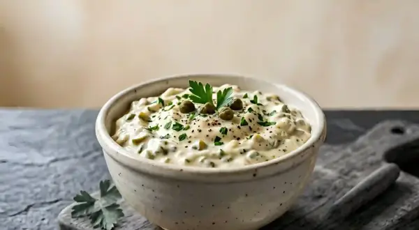 Un bol de sauce tartare crémeuse, garnie de câpres et de persil frais, prête à accompagner un plat de poisson.
