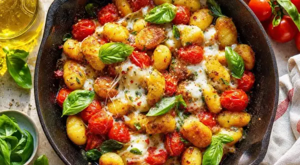 Délicieux gnocchis dorés avec des tomates cerises fondantes et du fromage filant, le tout dans une poêle. Un plat de tomates à la poêle qui met l'eau à la bouche.
