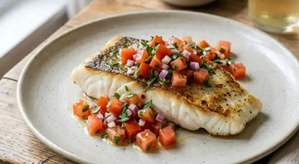 Filet de poisson grillé garni d'une salsa fraîche de tomates et d'oignons rouges, la sauce du chef parfaite pour sublimer ce plat.
