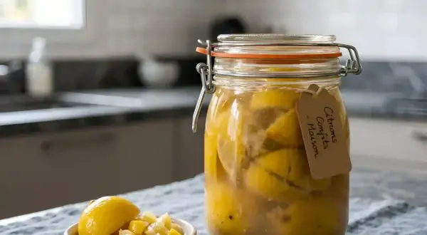 Un bocal rempli de citrons confits maison, prêts à parfumer vos plats. Une touche de soleil dans votre cuisine.