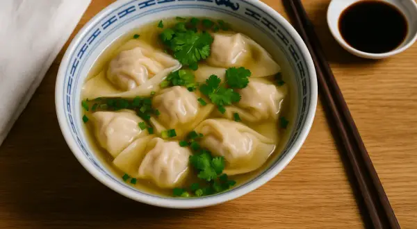 Un bol de soupe raviolis chinois, garni de coriandre et de ciboule, prêt à être dégusté avec des baguettes.