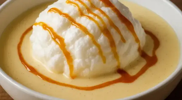 Île flottant, un délice aérien comme une recette de grand-mère, baignant dans une crème anglaise onctueuse et décoré de caramel.