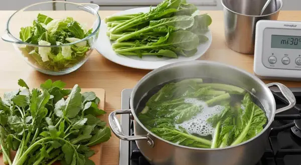 Préparation pour la cuisson d'épinards frais. Des légumes verts bouillent dans une casserole, d'autres sont prêts à être cuisinés.