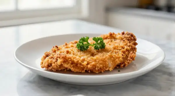 Escalope milanaise dorée à la poêle, garnie de persil frais. Le temps de cuisson parfait pour cette recette croustillante.