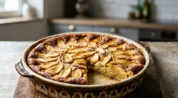 Un délicieux clafoutis aux pommes, doré et moelleux, servi dans un plat en terre cuite.