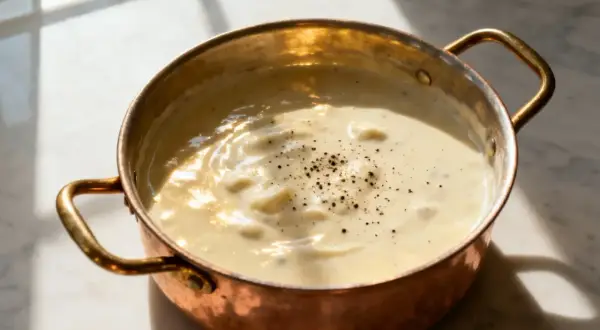 Sauce blanche crémeuse, parsemée de poivre noir, dans une petite casserole en cuivre.