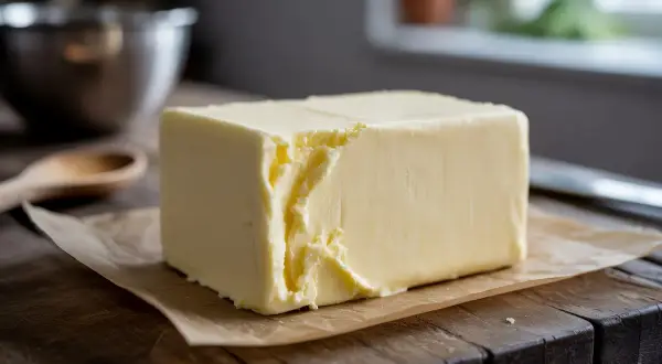 Un bloc de beurre crémeux, prêt à être transformé en beurre pommade pour une pâtisserie parfaite.