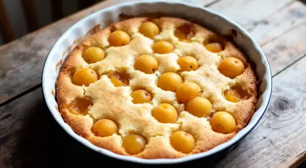 Un délicieux clafoutis aux mirabelles, doré et moelleux, prêt à être dégusté.