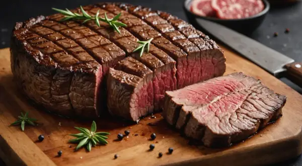 Un magnifique filet de bœuf, parfaitement grillé, attend d'être dégusté. Sa cuisson révèle une chair rosée et tendre.