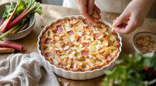 Finition d'un clafoutis rhubarbe aux amandes effilées, prêt à être dégusté.