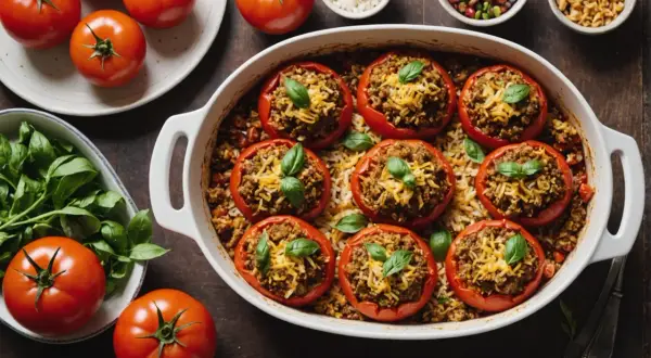Tomates au four garnies de viande et de riz, saupoudrées de fromage râpé et de basilic frais. Un plat réconfortant et savoureux.