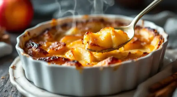 Une cuillère prélève une portion fumante d'un flan aux pommes doré et croustillant, prêt à être dégusté.