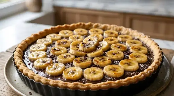 Délicieuse tarte banane chocolat, garnie de rondelles de banane caramélisées et de copeaux de chocolat noir. Un régal pour les yeux et les papilles.
