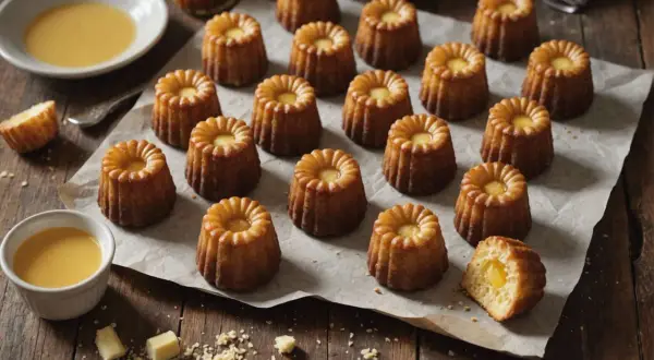 Une belle présentation de cannelés dorés, parfaits pour une recette facile. Un cannelé est coupé, révélant son cœur moelleux.