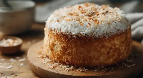 Un délicieux gâteau noix de coco, recouvert de flocons de noix de coco grillés et d'une crème blanche. Parfait pour une pause gourmande.